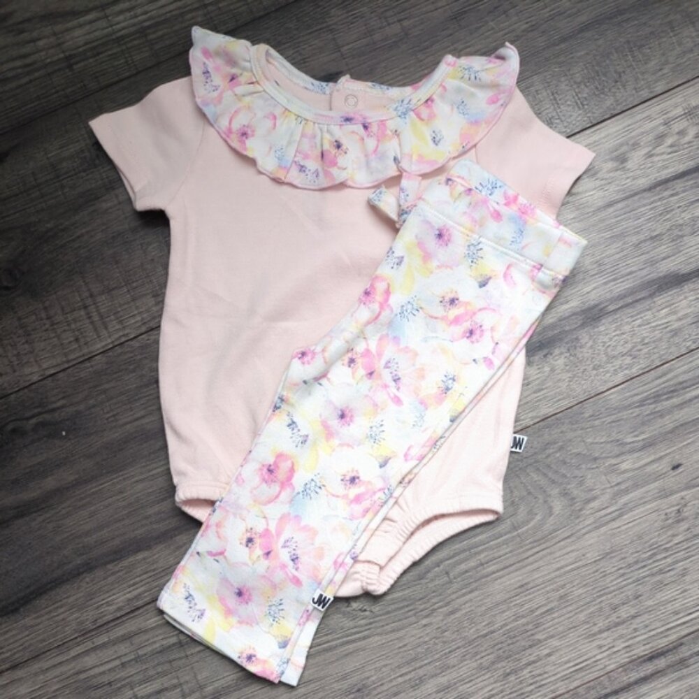 Jason Wu Baby Girl's 2 Piece Set Watercolour Floral Ruffle Bodysuit Pants Sz 3/6